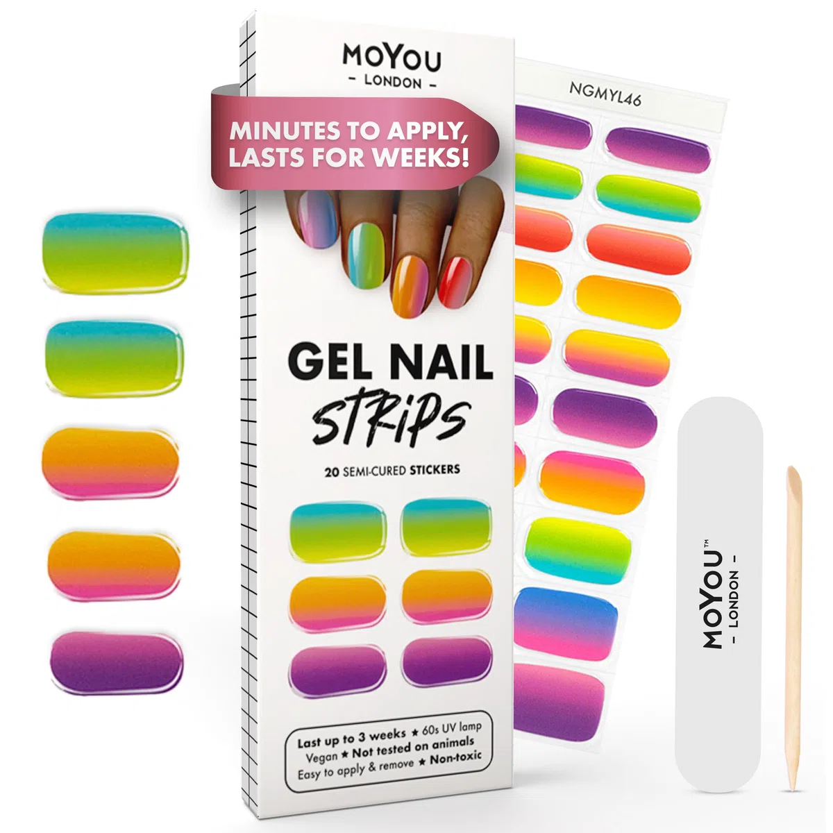 MOYOU LONDON Strisce per unghie in gel semi-catalizzato, impermeabili, 20 pezzi, si asciugano alla luce solare o con lampada UV/LED, durano fino a 2+ settimane, elastiche, facili da applicare e