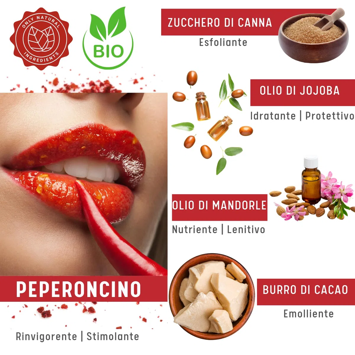 Scrub Labbra Esfoliante Naturale al Peperoncino 15ml – Idratante e Levigante con Aroma Frutti di Bosco Vegan e Biologico | Per Labbra Morbide Senza Pellicine | Made in Italy