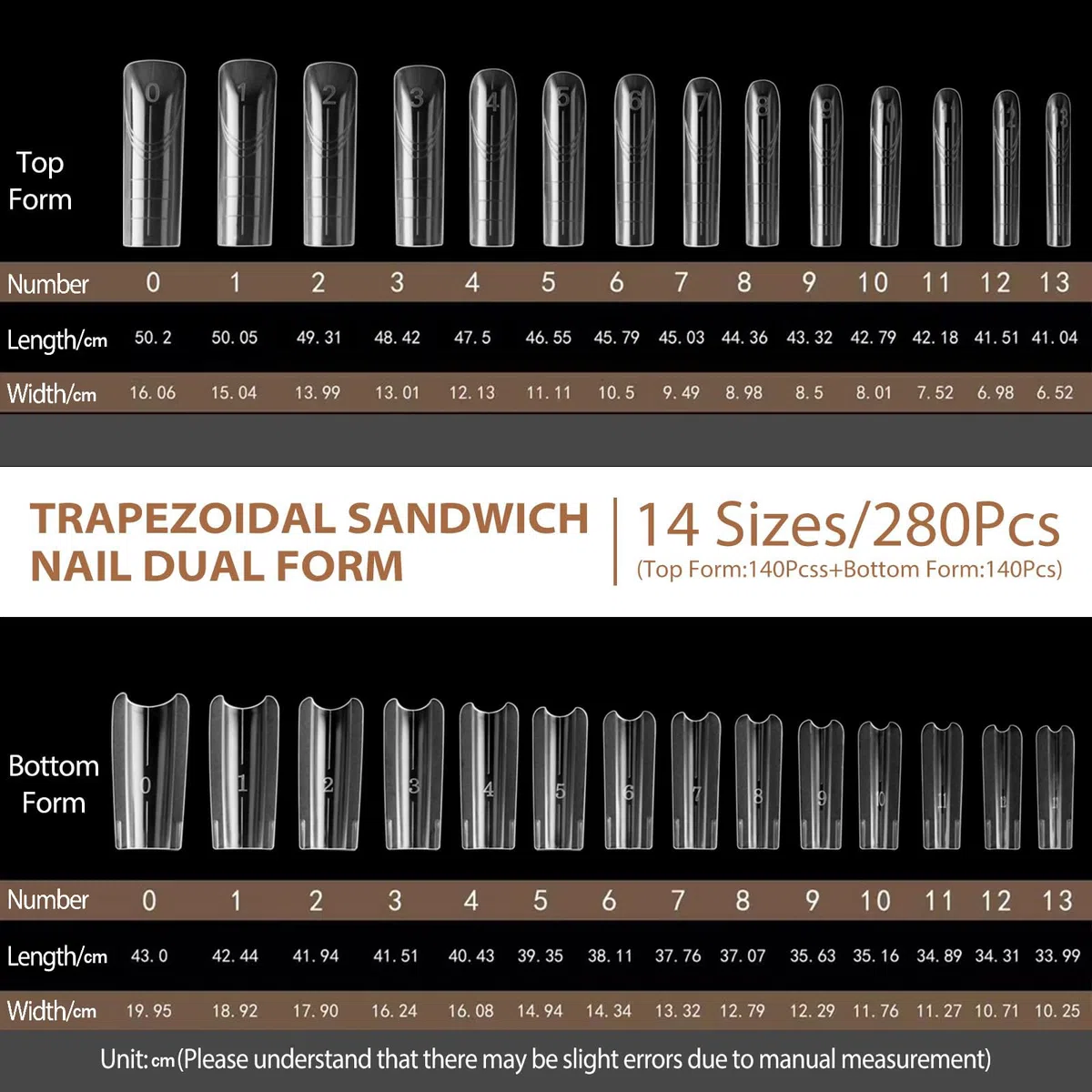 Sandwich Professional Dual Nail Forms 280 pezzi (14 misure), Consigli riutilizzabili in Polygel per allungamento impeccabile del gel, nessuna lima, nessun troppopieno, per Builder Gel & Salon