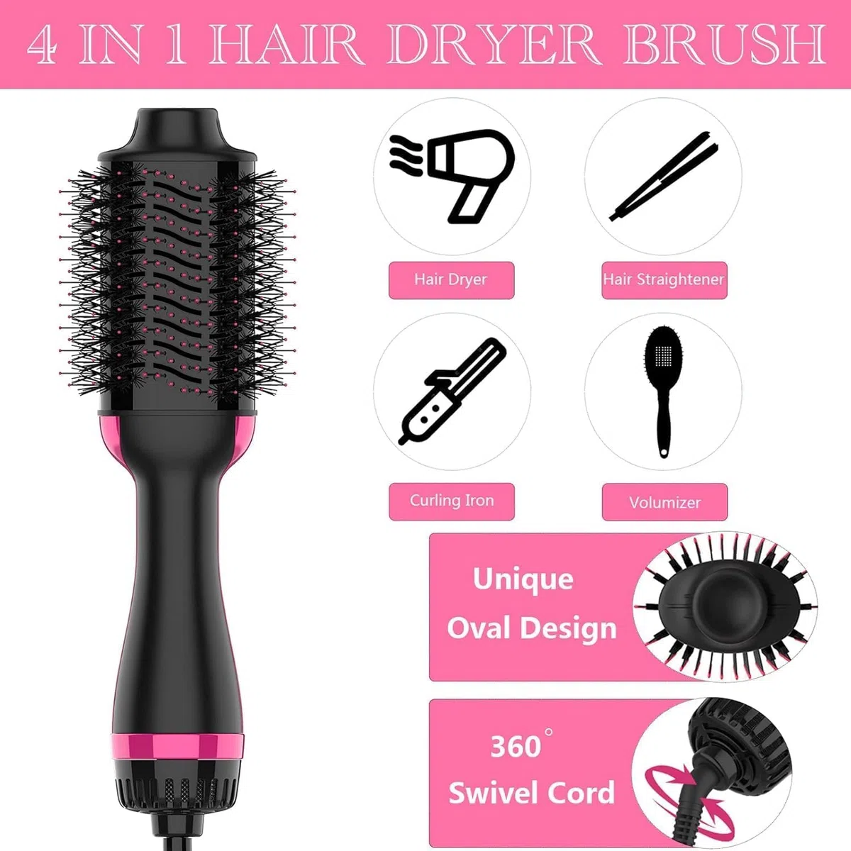 Spazzola ad aria calda 4 in 1 Spazzola Asciugacapelli 3 Temperature 2 Velocità Comoda Presa Asciugacapelli Volumizzatore per arricciare/lisciare i capelli One-Step Spazzola riscaldata elettrica
