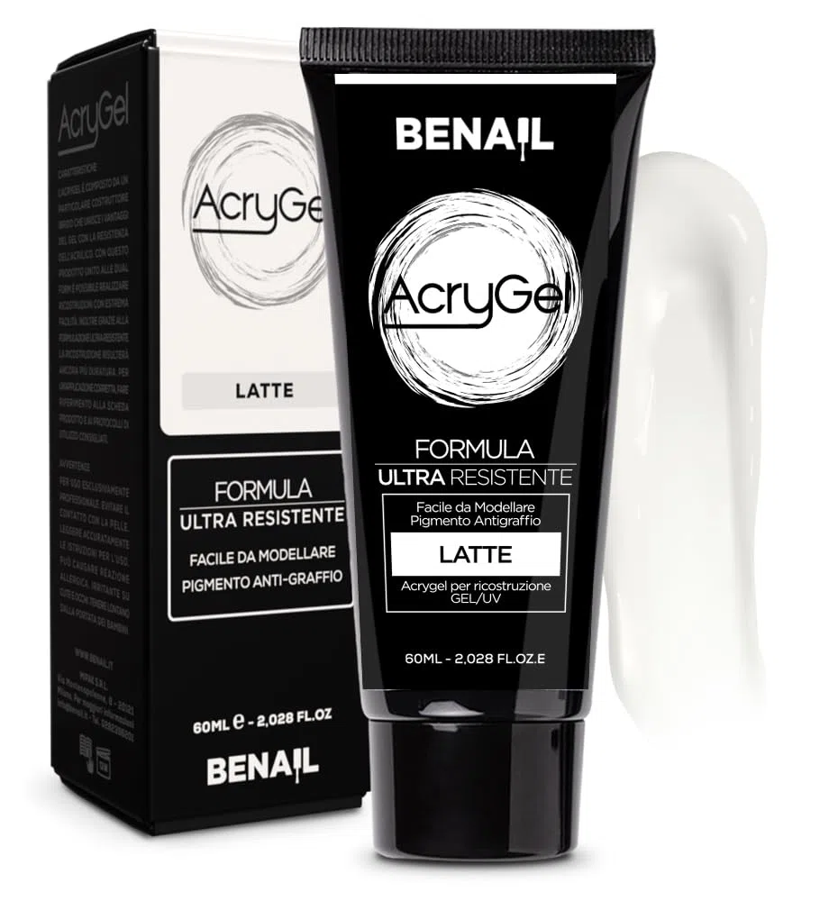 Benail | Acrigel per unghie 60ml. Ricostruzione Unghie, gel unghie, Polygel Acrigel con Dual Form, Gel Ricostruzione Unghie e antigraffio, antigiallo, HEMA Free TPO Free fino a 5 settimane (Latte)