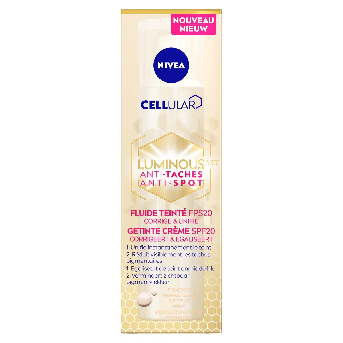 NIVEA CELLULAR LUMINOUS FPS20 Fluido Colorato (1 x 40 ml), Unifying Face Care Anti-Pigment Spots, Crema Viso con Formula Fluida arricchita con principi attivi