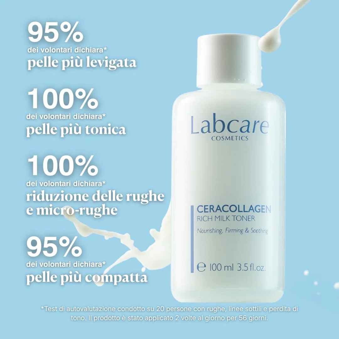 Labcare Ceracollagen Milk Toner - 3 Prodotti in 1: Tonico, Essence e Idratante Liquido Anti-Age con Peptidi Biomimetici e Ceramidi - 100ml
