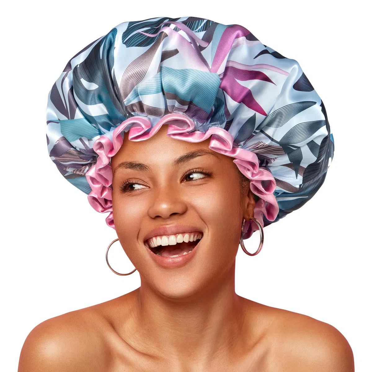 mikimini Cuffia Doccia Donna Capelli Lunghi, Riutilizzabile Impermeabile Cuffia da Bagno con Design Tropicale Extra Large Elastica Cuffia da Doccia per Capelli Spessi