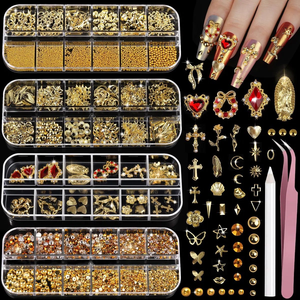Charms dorati per unghie, strass 3D, set di 4 scatole con perle e gemme, accessori nail art per donne e ragazze.