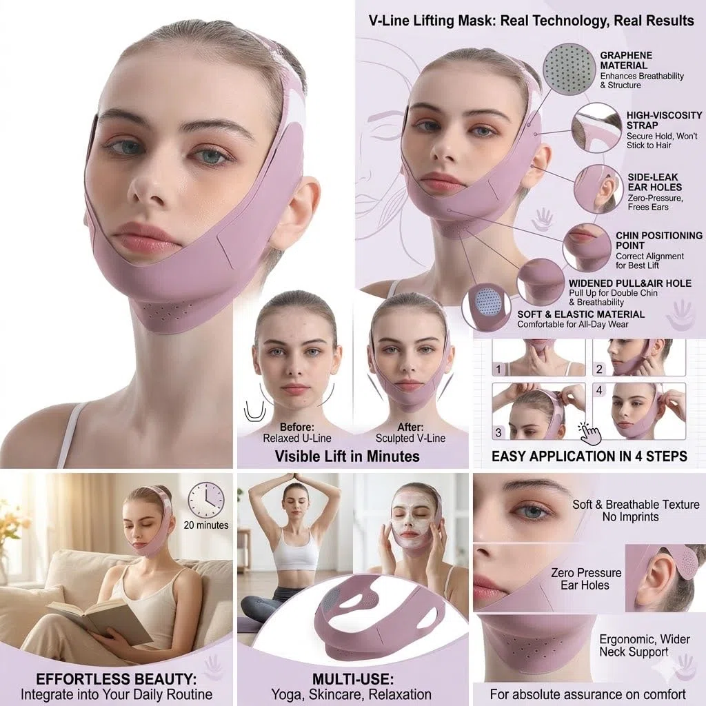 Fascia Doppio Mento Donna e Uomo, Maschera Lifting Viso V-Line Riutilizzabile, Guaina Viso per Sollevare Guance Cadenti e Definire Jawline