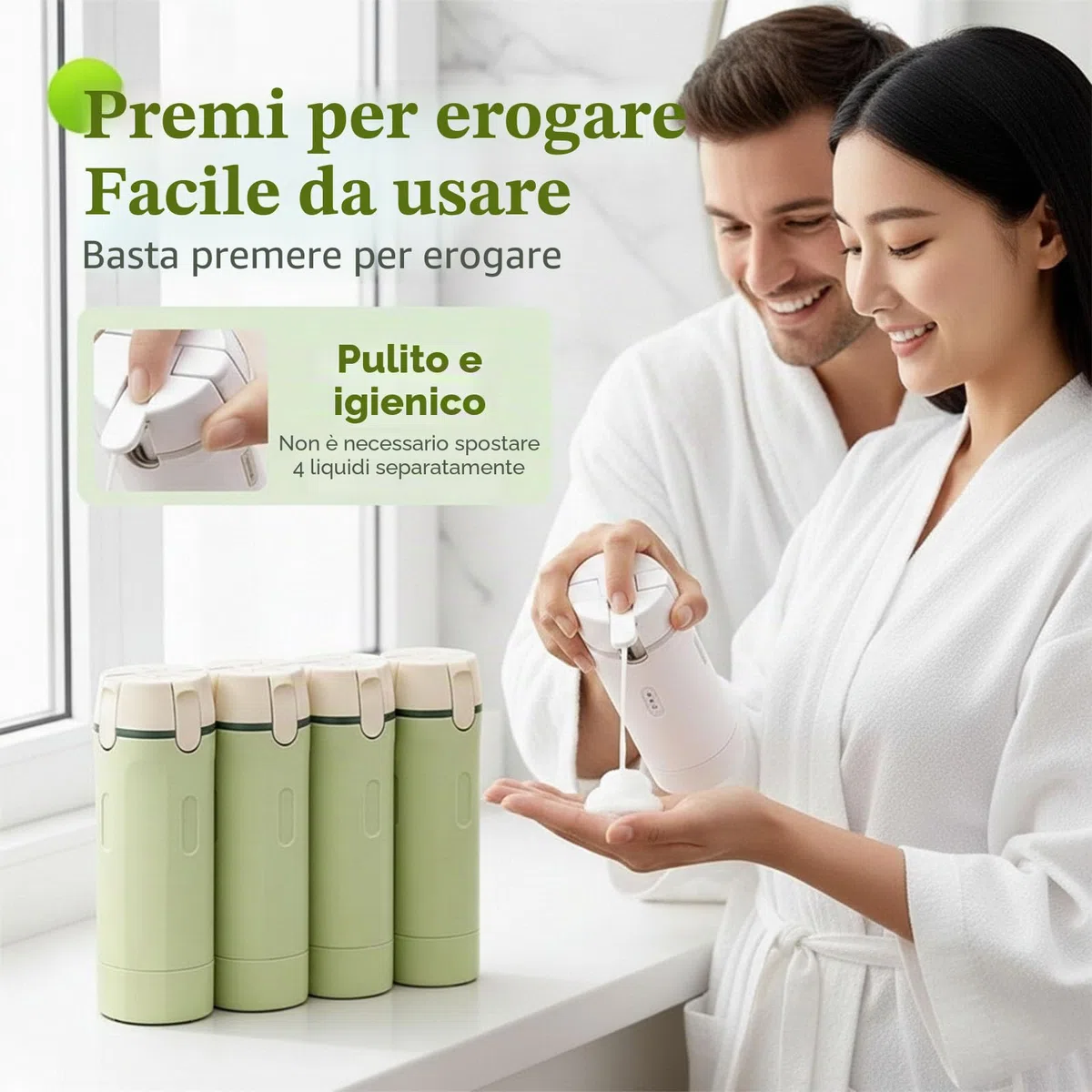 Dispenser da viaggio 4 in 1 con scala ed etichetta, bottiglie da viaggio 4 in 1, ricaricabile, a prova di perdite, dispenser per shampoo, balsamo, lozioni e crema (verde)