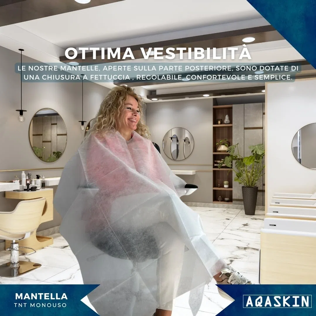 Mantelle Monouso Parrucchiere in TNT 30gr/m2 - SCONTI QUANTITà - Confezionate singolarmente - Dimensioni 130x120cm - Confezioni da 20pz - Chiusura a Fettuccia