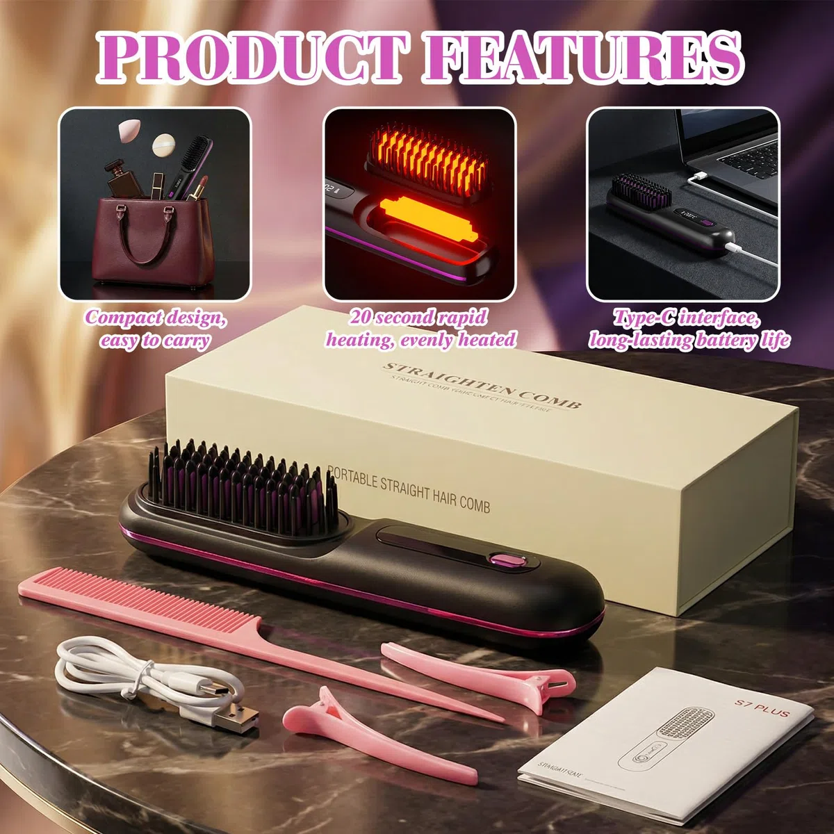 Spazzola Lisciante per Capelli Senza Fil, Senza Fili Piastra Lisciante, Piastra per Capelli, 3 Livelli di Temperatura, con Display a LED, Ideale per i Viaggi e l'uso Quotidiano