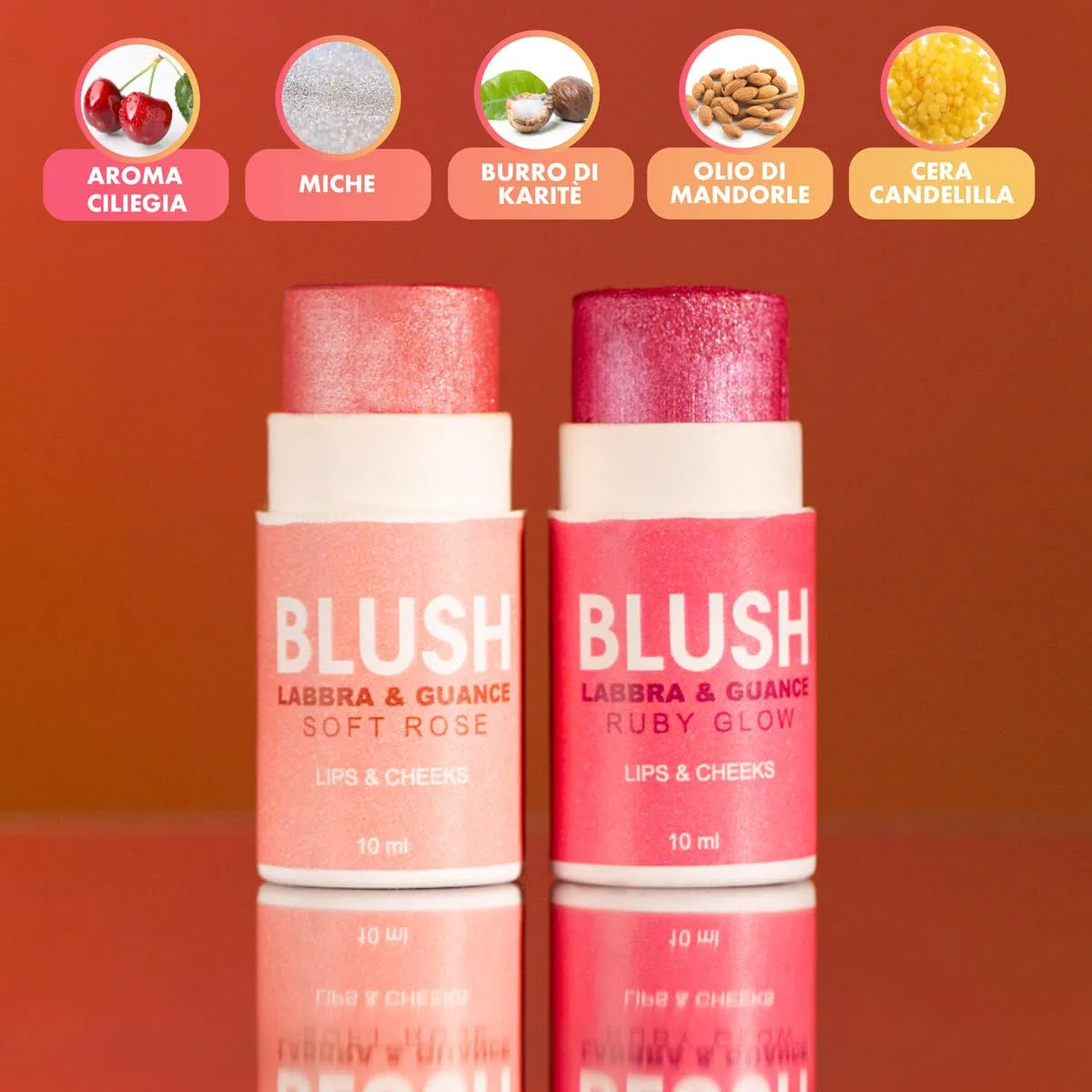 Enooso - Blush in crema stick per Guance Labbra e Occhi ROSA - Illuminante Viso Naturale Profumato e Nutriente con Miche - Glassy Make up 100% Vegan e Artigianale - Made in Italy