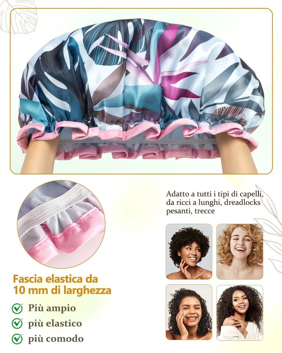 mikimini Cuffia Doccia Donna Capelli Lunghi, Riutilizzabile Impermeabile Cuffia da Bagno con Design Tropicale Extra Large Elastica Cuffia da Doccia per Capelli Spessi