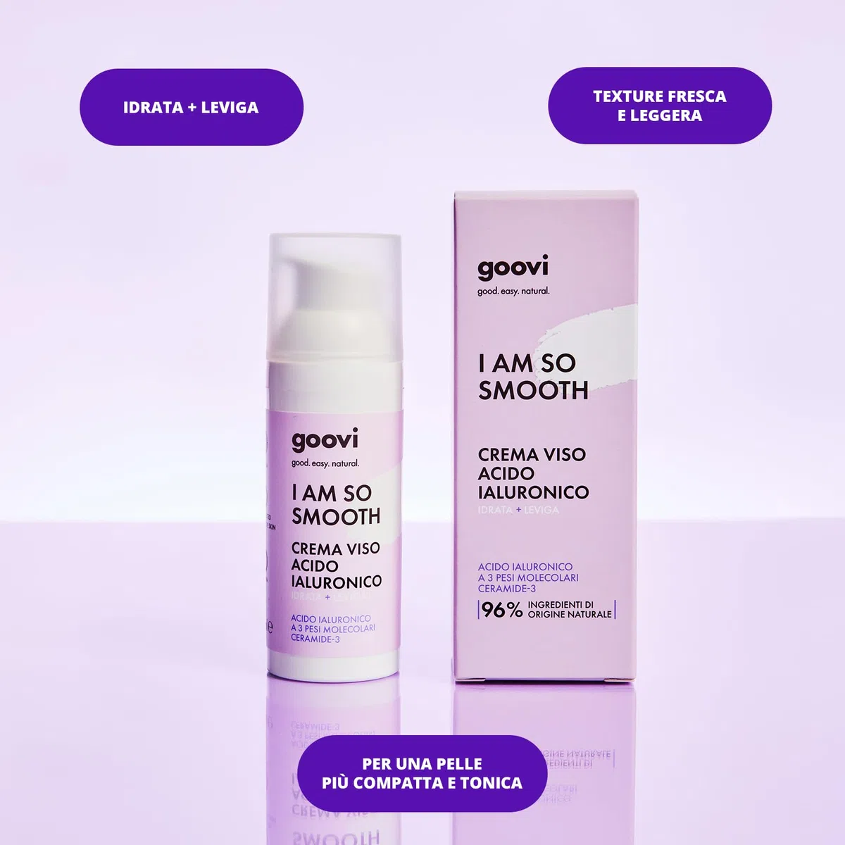Goovi, I am So Smooth, Crema Viso con Acido Ialuronico Idratante e Levigante, Riduce l'Aspetto delle Rughe, Formula Naturale con Estratto di Melograno per una Pelle più Compatta e Tonica, Vegan, 50 ml