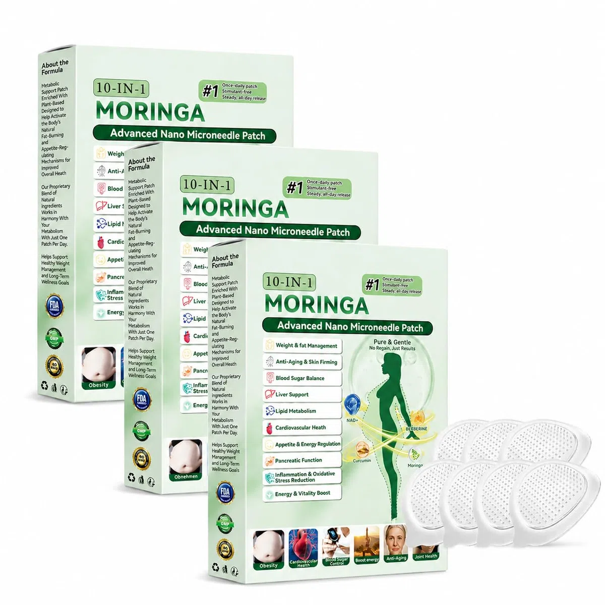 21 Pezzi 10-in-1 Cerotto Avanzato Nano Microneedle, Moringa Berberina Patch, Cerotti Dimagranti, per Addome, Gambe e Braccia (3 Scatole)