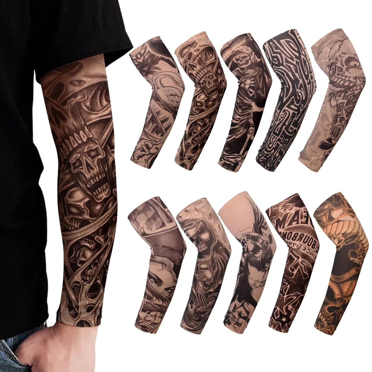 TSHAOUN 10 Pezzi Maniche Tatuaggi, Maniche con Tatuaggi per Uomo Manicotti con Tatuaggi Temporanei Finti Maniche Unisex, Realistico Tattoo Finti Maniche di Braccia Protezione Sportiva Ciclismo(10PCS)