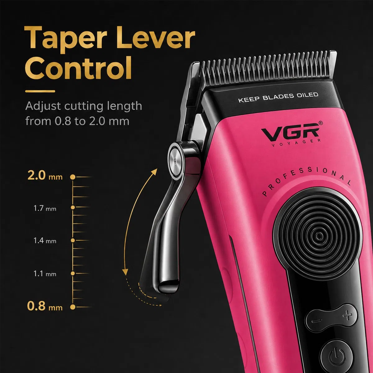 VGR 199 Tagliacapelli professionale senza fili per uomo, 5 velocità, display a LED, ricaricabile con base di ricarica e 6 pettini guida – Kit da barbiere per la casa, rosa