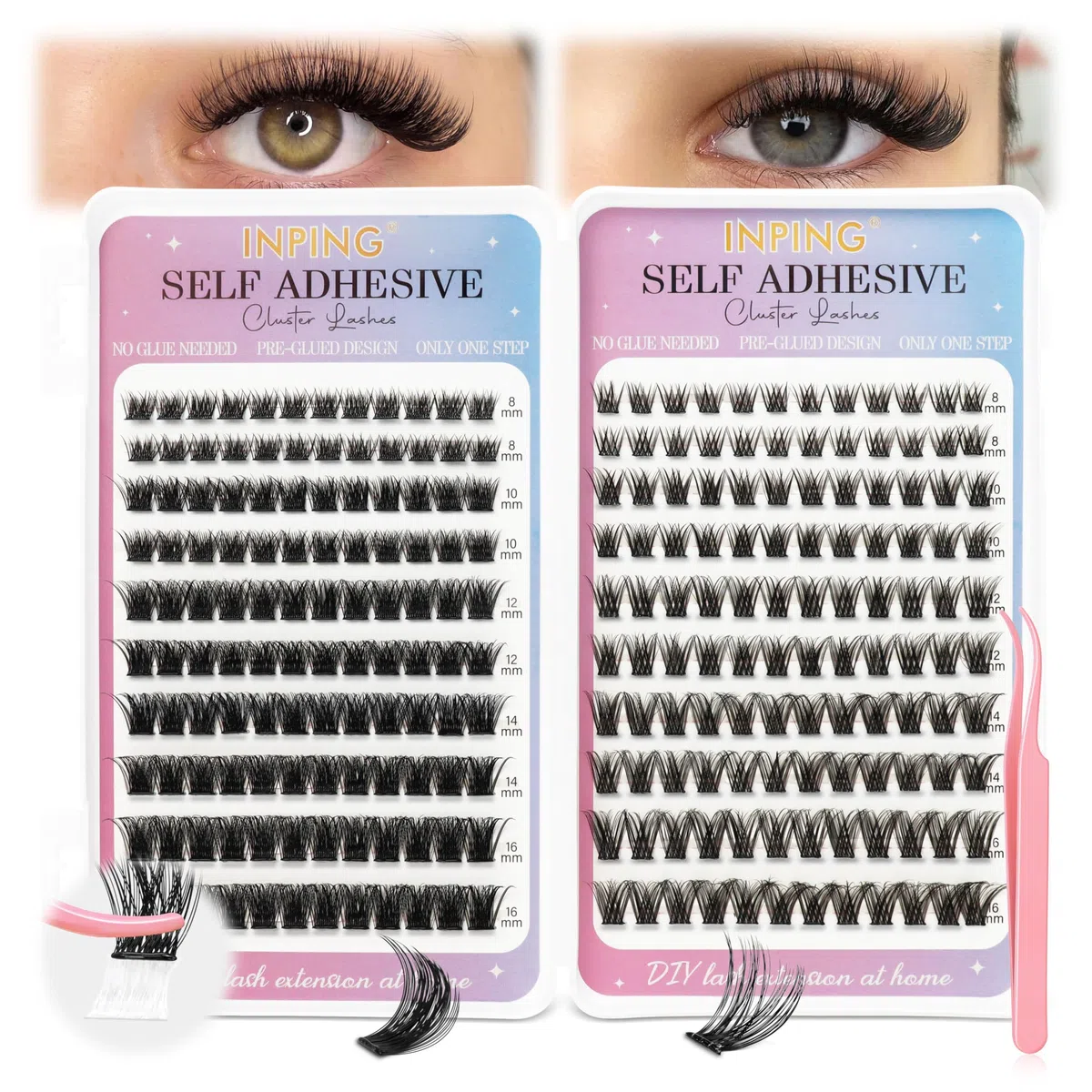 INPING Ciglia Finte Autoadesive, 2 Modelli Kit Extension Ciglia Fluffy Volume Lashes, Ciglissime Press e Go kit con Pinzette per Principianti DIY Lash Senza Colla 8-16mm