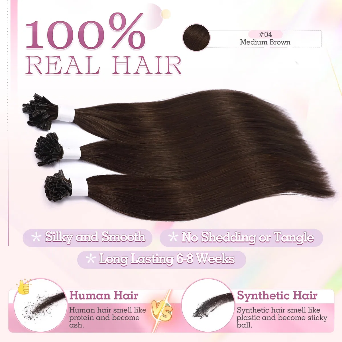 Elailite Extension Cheratina Capelli Veri 1 Grammo Marrone, 25 Ciocche 100% Human Hair Indiani 35cm 20g #4 Marrone Cioccolato
