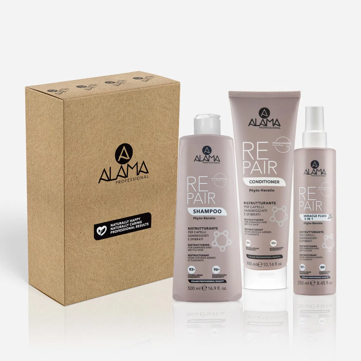 Alama Professional Kit Repair: Shampoo 500ml, Balsamo 300ml, Miracle Fluid 5 in 1 250ml