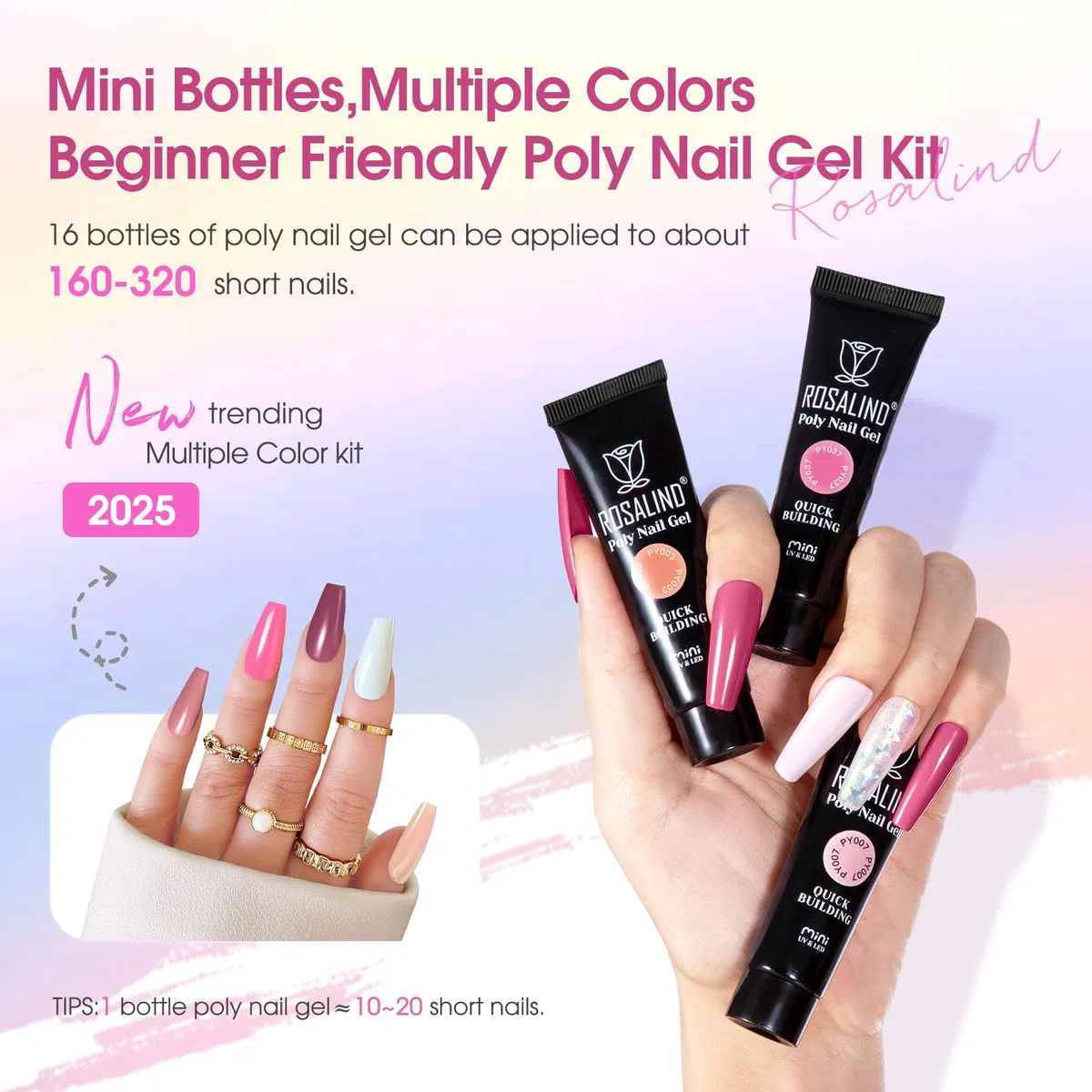 ROSALIND Gel Ricostruzione Unghie 16 Colori 10ml Set, UV LED Poligel per Principiante, Professionale e Salone, Estensione Rapida Acrygel Nail Art Set