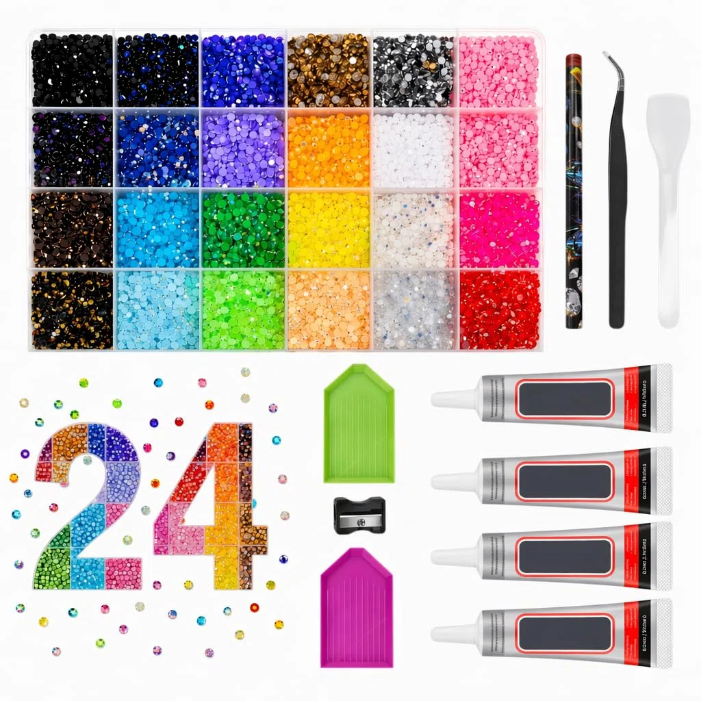 Strass Unghie da 3mm, Bedazzling Kit, 24 Colori, Piatti | Strass per Nail Art con 5 Strumenti, tra cui Penna e Pinzette, Adatti per Bricolage, Nail Art, Vestiti e Pittura Facciale