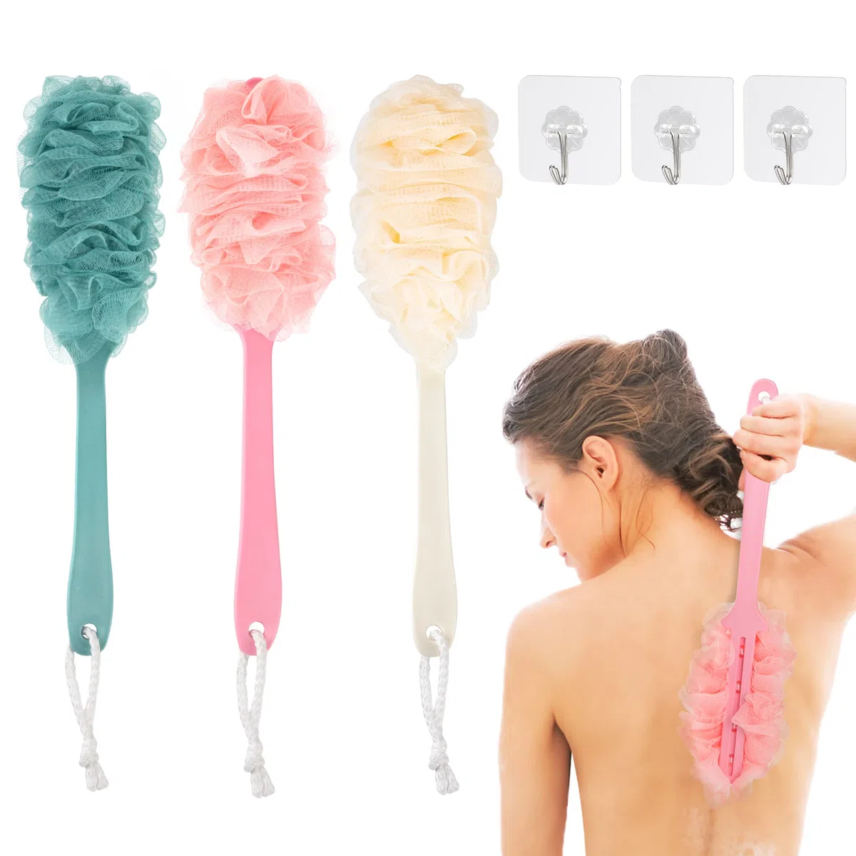 Spazzola da Bagno con Manico Lungo 3 Pezzi con 3 Ganci Adesivi Spazzola da Doccia Spazzola per il Corpo Scrubber Posteriore Mesh per Esfoliante Massaggio