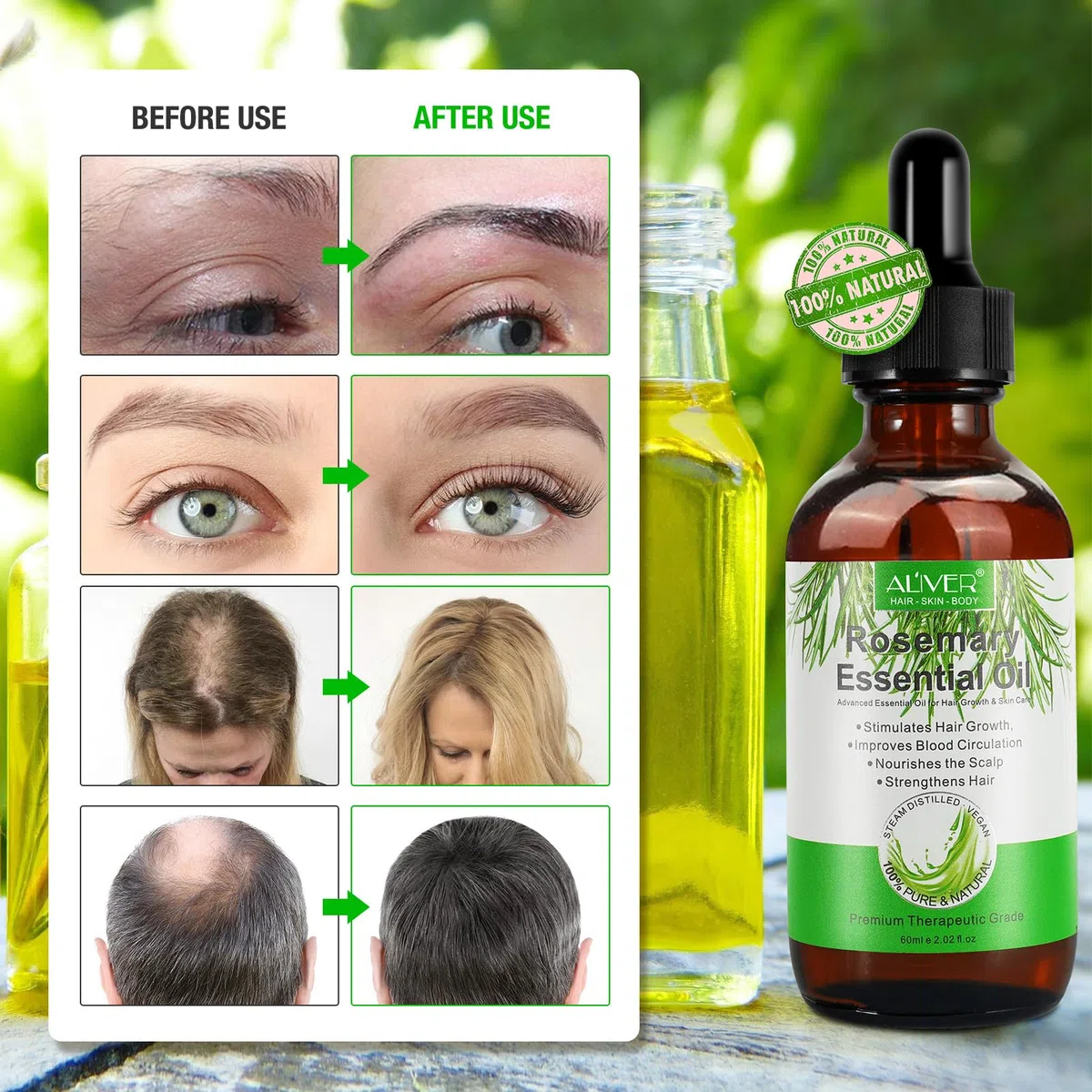 Olio di rosmarino per la crescita dei capelli 60ML - Premium naturale per la perdita di capelli secchi e danneggiati per donne e uomini con massaggiatore del cuoio capelluto in silicone