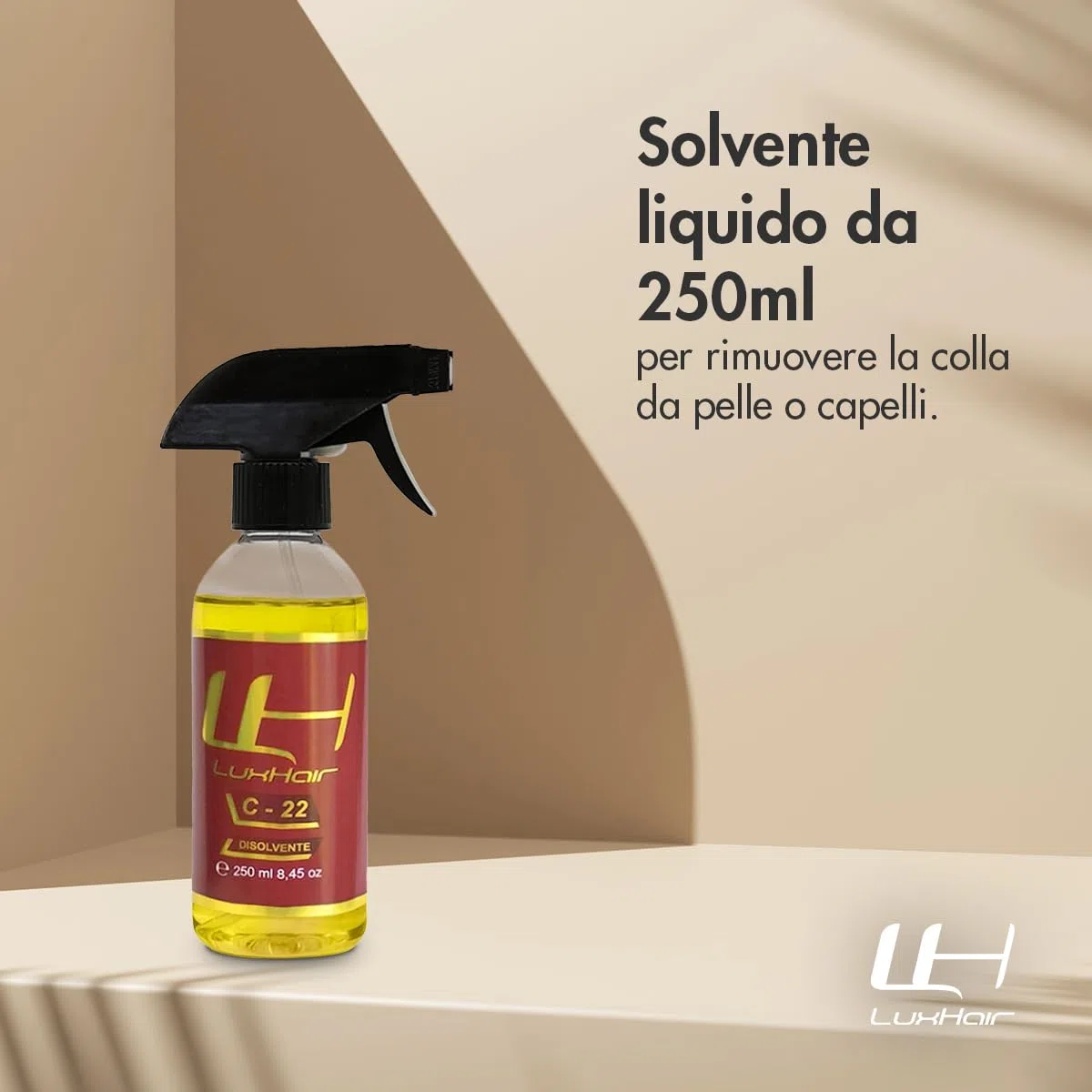 LuxHair C22 solvente per protesi capelli, extension e parrucche. Aiuta a rimuovere la colla per capelli e i nastri dai capelli e dal cuoio capelluto | 250 ml |