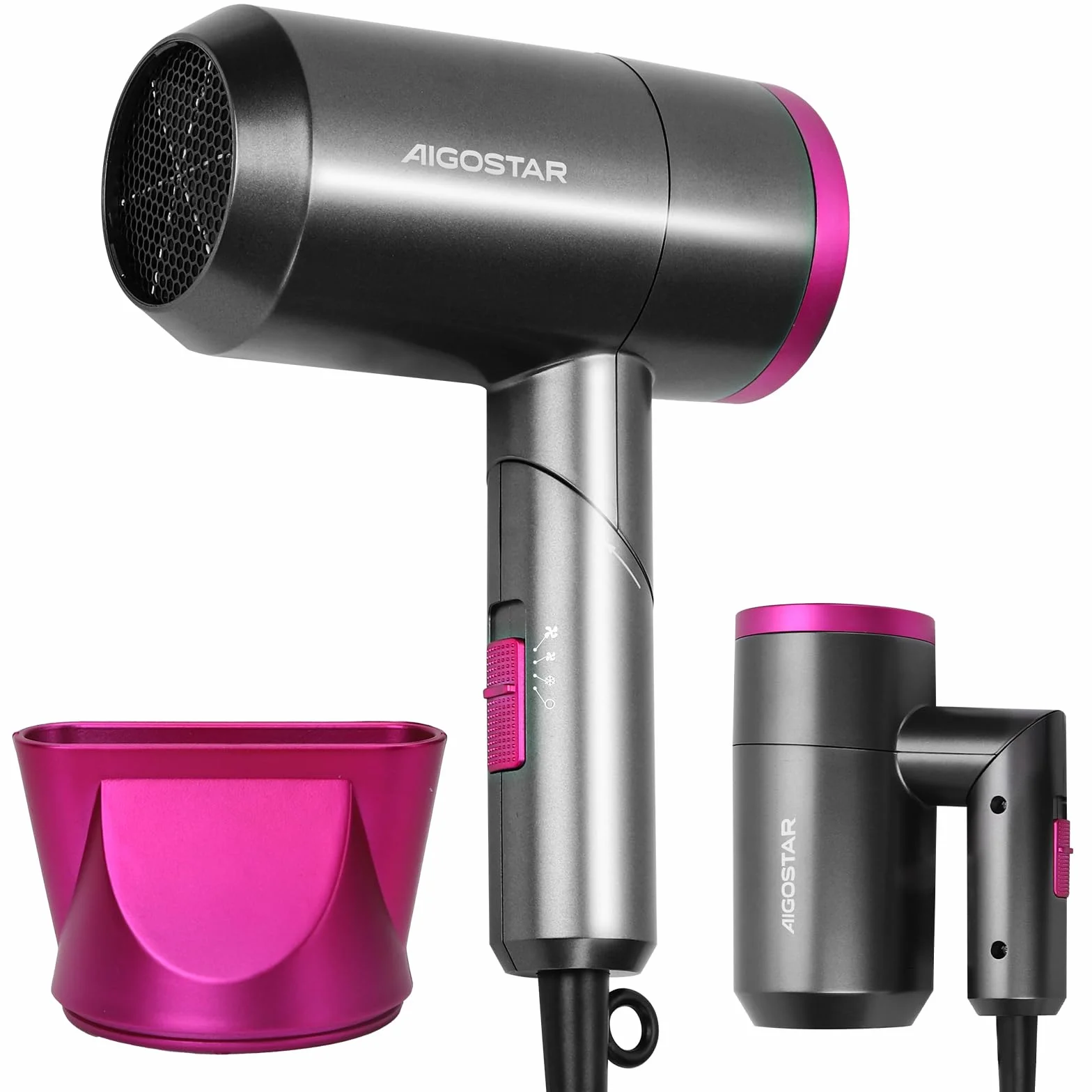 Aigostar 1800W Phon Capelli, Asciugacapelli Ionico, Phon da Viaggio Pieghevole, 2 Livelli di Aria Calda & 1 di Aria Fredda, Beccuccio Concentratore Rimovibile, Protezione surriscaldamento, Grigio