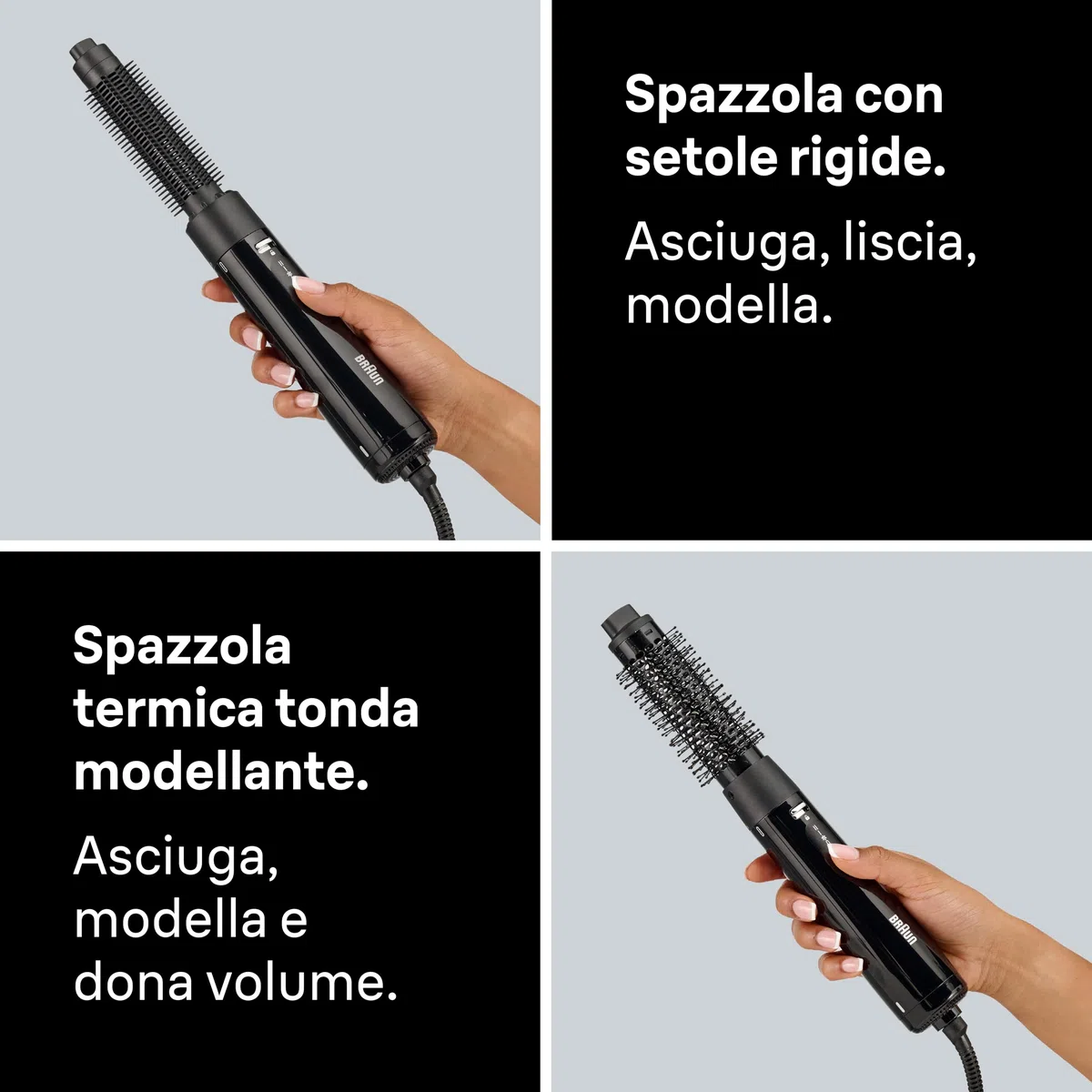 Braun Air Styler AS1.5, compatta, spazzola termica modellante e spazzola a setole rigide, 300W, 3 impostazioni di calore/velocità, Nero lucido, BRAS150E
