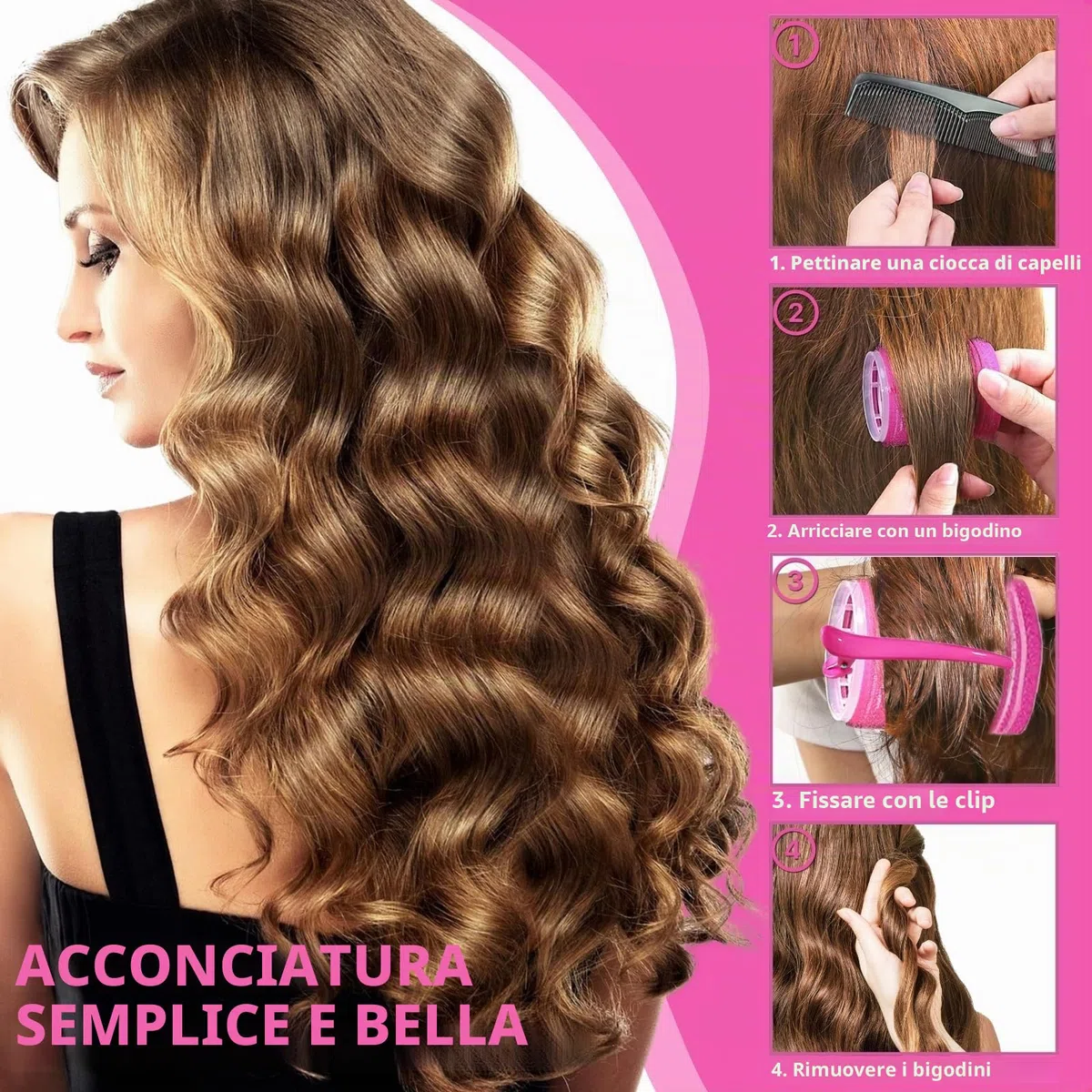 KEYRI Set di 48 bigodini Jumbo grande, autoadesivo, con fermaglio per capelli, ricci fai da te, senza calore, per parrucchieri lunghi e medi (rosa, 3 misure)
