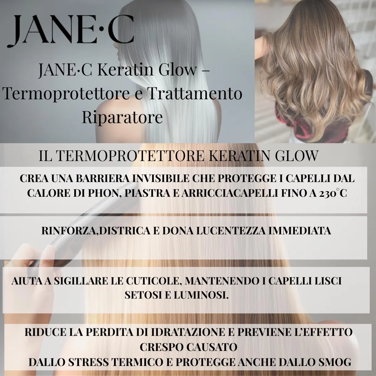 JANE•C Termoprotettore in crema | Ristrutturante Anti-crespo alla Cheratina e Vitamina C |Protegge da Piastra,Phon. Per Capelli Secchi, Danneggiati o Trattati–Senza risciacquo-150ml Made in Italy