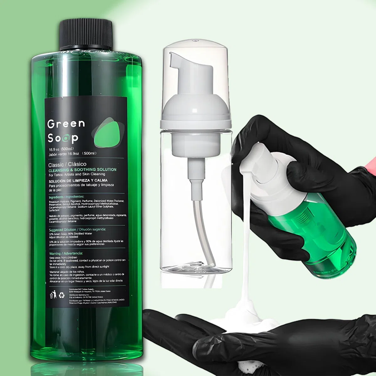 Tattoo Green Soap - TONBAO Tattoo Green Soap Concentrato Vegan 500ml con Flacone Schiumogeno 200ml, Detergente Professionale e Delicato per Tatuaggi