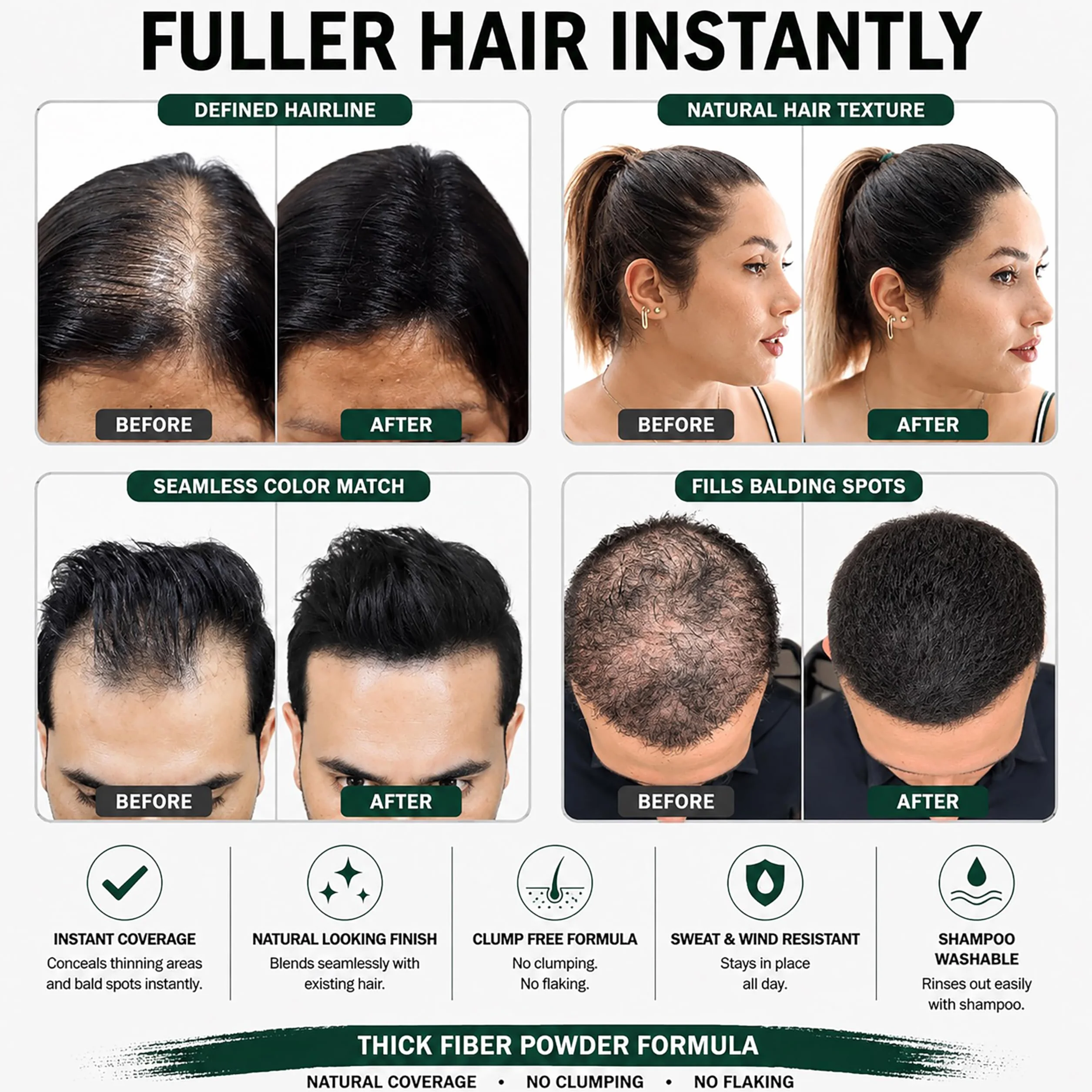 THICK FIBER, Fibre dei capelli, Fibre per la ricostruzione dei capelli, per il diradamento dei capelli,25 g confezione da 1, castano scuro, polvere per capelli, flacone da