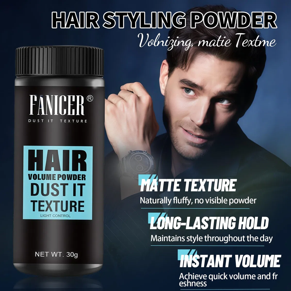30g Polvere Styling Capelli, Polvere per Lo Styling dei Capelli per Uomo, Texturizing Powder, Aggiunge Volume ai Capelli, Facile da Applicare, Per Tutti i Tipi di Capelli, Height Riser, Nero