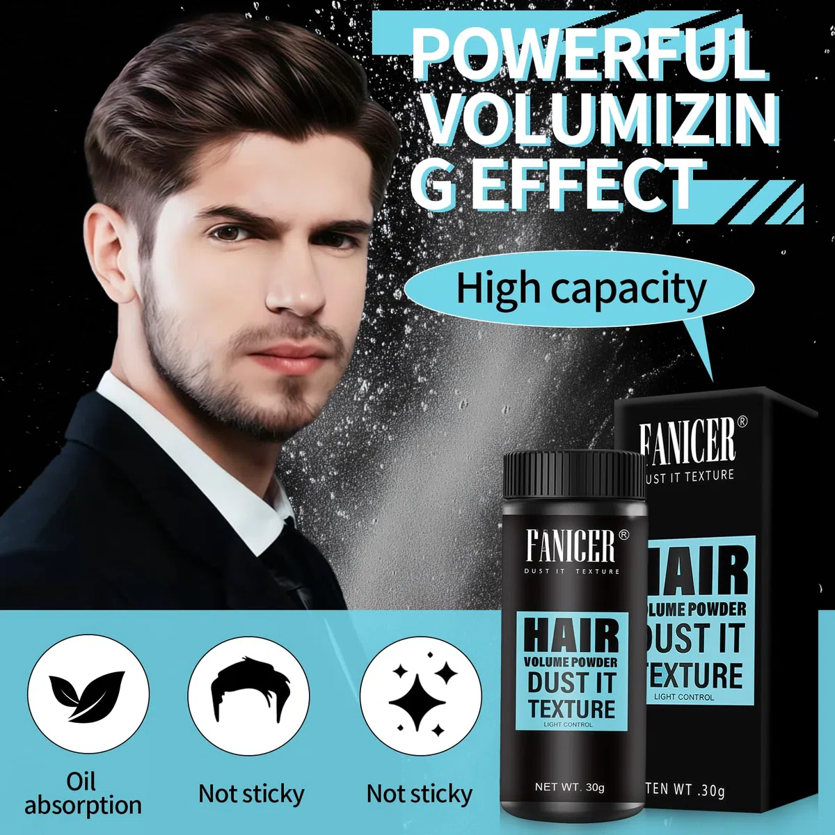 30g Polvere Styling Capelli, Polvere per Lo Styling dei Capelli per Uomo, Texturizing Powder, Aggiunge Volume ai Capelli, Facile da Applicare, Per Tutti i Tipi di Capelli, Height Riser, Nero