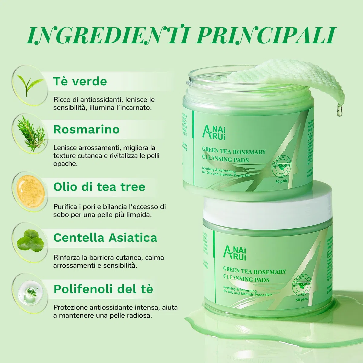 ANAiRUi Dischetti Detergenti al Tè Verde e Rosmarino, Dischetti Detergenti Viso e Corpo, Esfolianti e Struccanti, 50 Pezzi