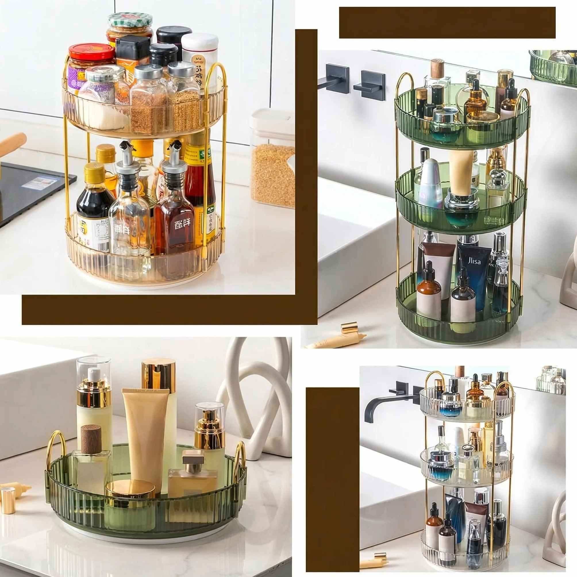 Organizzatore per trucchi rotante a 360 gradi, organizer per cosmetici per la cura della pelle, organizer per profumi, spezie, per comò, camera da letto, bagno (2 ripiani, oro)