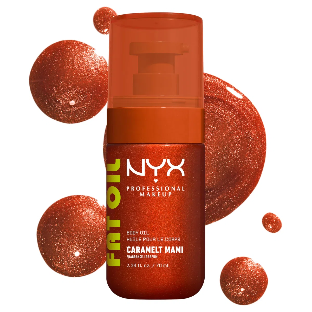NYX Professional Makeup, Olio Corpo, Pelle Morbida e Idratata, Effetto Luminoso, Texture Leggera, Infuso con Olio di Avocado e Vitamina E, Fat Oil Body Oil, Shade: Caramelt Mami, 70 ml