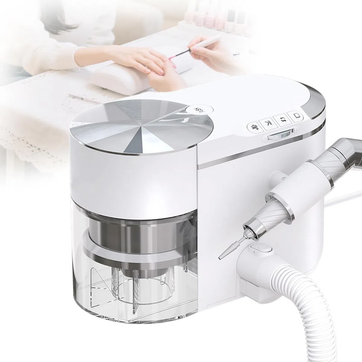 Aspirapolvere e Estrattore per Unghie 2-in-1 con Trapano, 35.000 RPM Alta velocità, 4 modalità Regolabili, Basso Rumore 60db, Facile da Pulire per Postazioni di Lavoro di Salone (White)