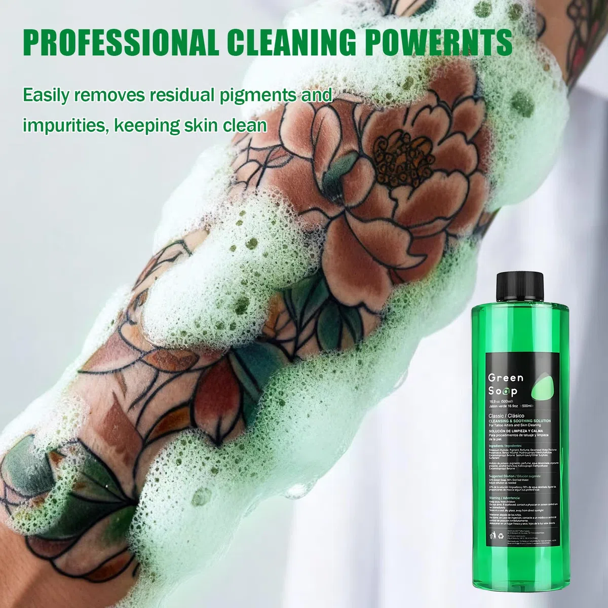 Tattoo Green Soap - TONBAO Tattoo Green Soap Concentrato Vegan 500ml con Flacone Schiumogeno 200ml, Detergente Professionale e Delicato per Tatuaggi