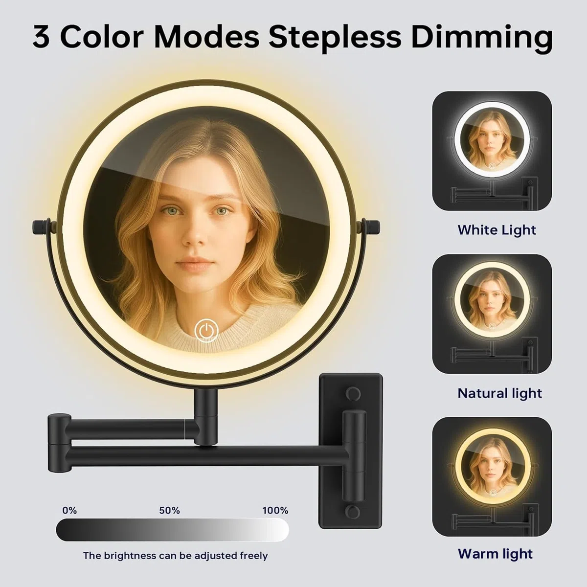Specchio ingranditore illuminato da parete 10X specchio da trucco con 3 modalità di colore touch screen dimmerabile ricarica USB specchio da trucco allungabile a doppio lato da 20 cm finitura nera.