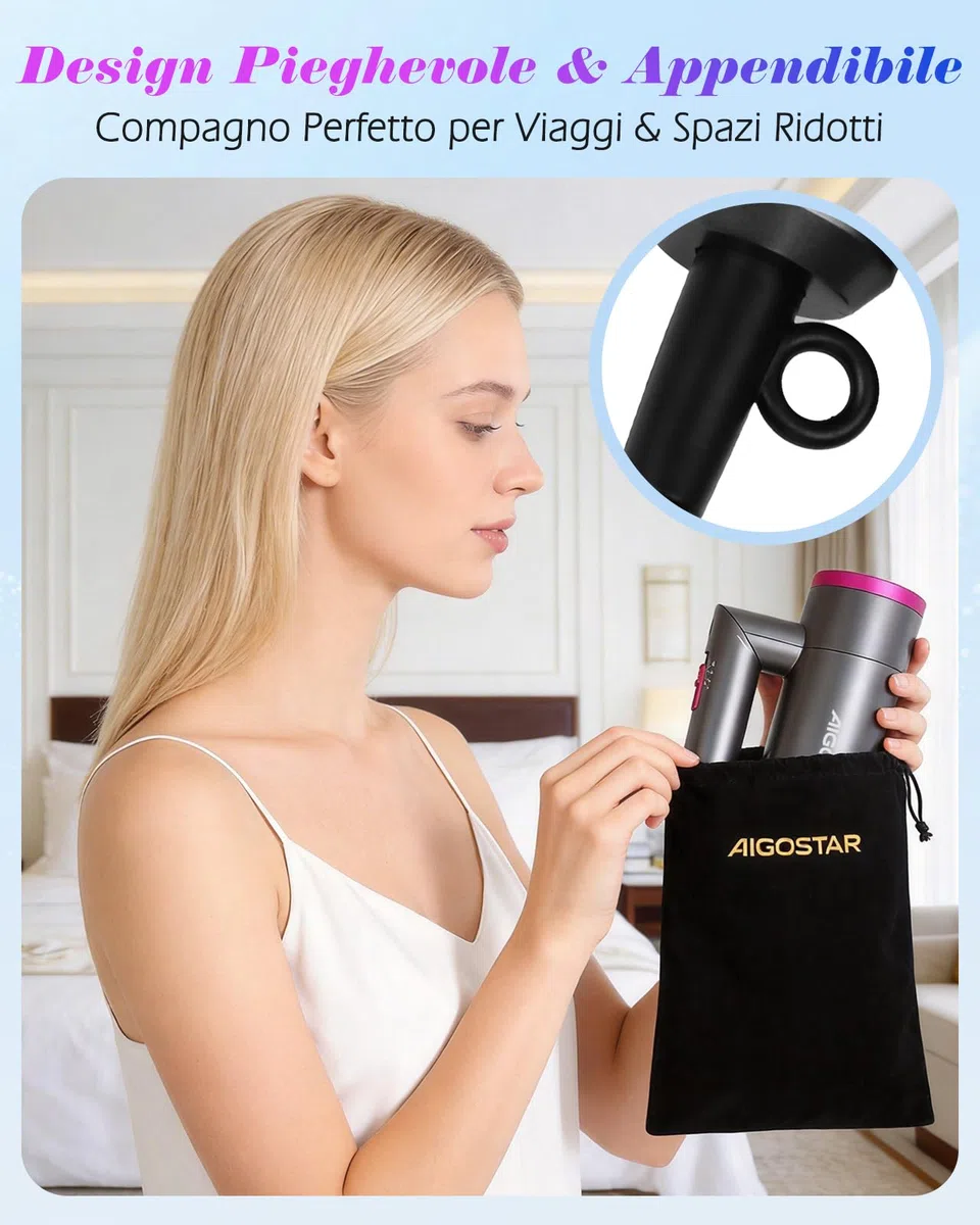 Aigostar 1800W Phon Capelli, Asciugacapelli Ionico, Phon da Viaggio Pieghevole, 2 Livelli di Aria Calda & 1 di Aria Fredda, Beccuccio Concentratore Rimovibile, Protezione surriscaldamento, Grigio