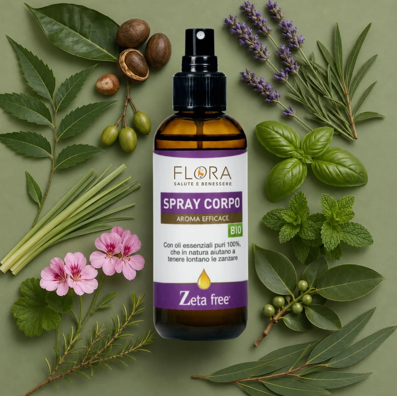 FLORA Spray Corpo Aroma Efficace Zeta free BIO 100 ml Per un’estate serena liberi dalle zanzare Azione protettiva e rinfrescante