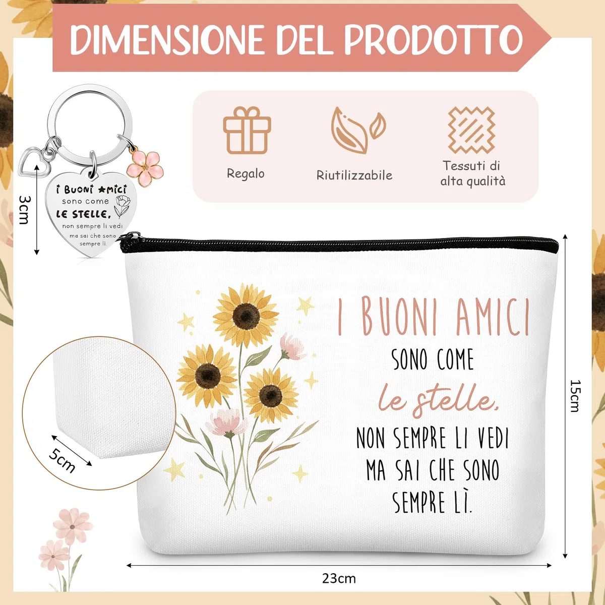 Xuniea 3 Pezzi Set di Regali per Amica Natale 1 Portachiavi di Scritta Buoni Amici 1 Borsa Cosmetica per Amiche 1 Borsa di Tela Tote Bag Pochette Portatrucchi Regalo di Ringraziamento Donna Compleanno