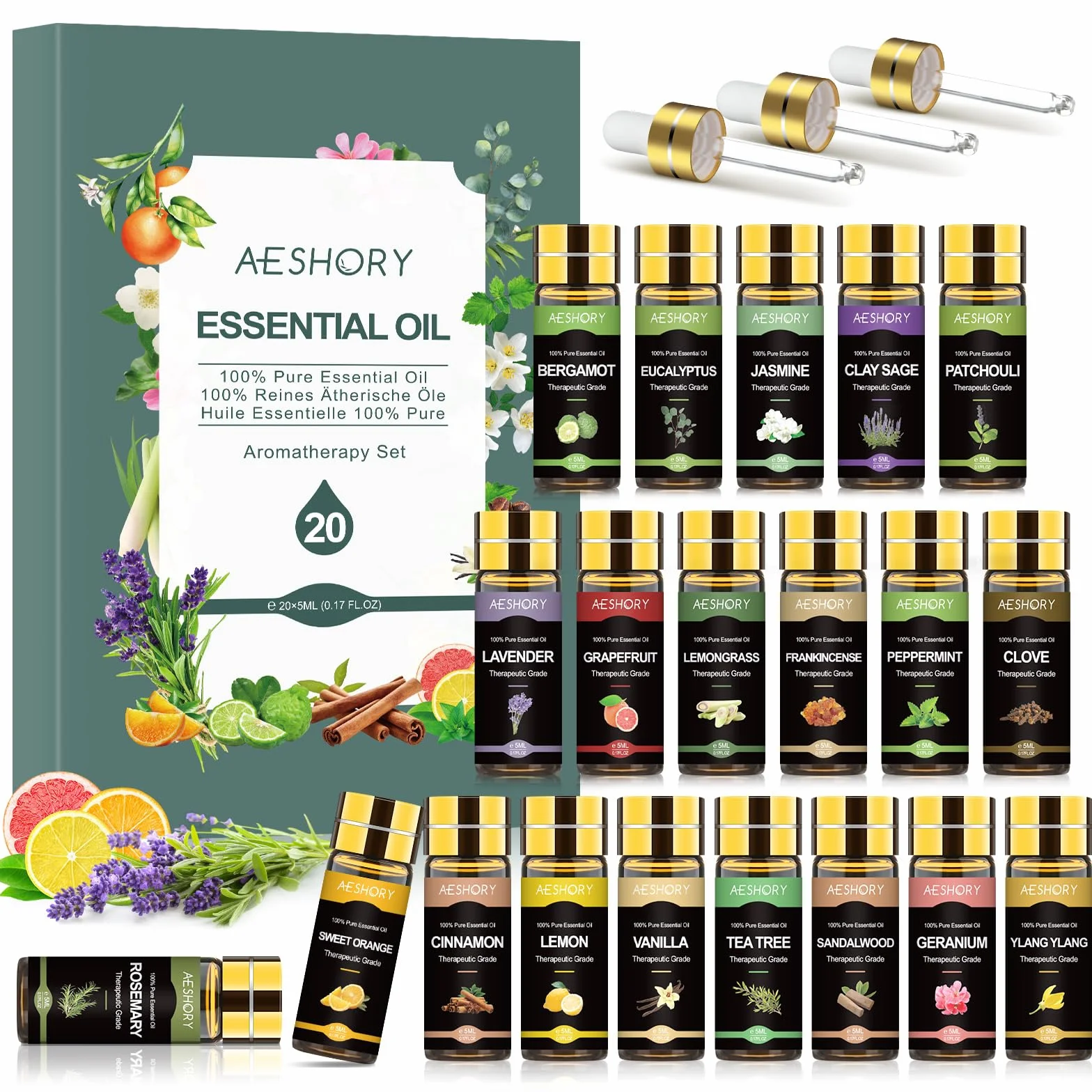 AESHORY Oli Essenziali per Diffusore, 20 x 5ml Set Regalo di Olio Essenziale Naturali per Aromaterapia, Massaggi, Candele - Gelsomino, Vaniglia, Sandalo, Arancio Dolce, Rosa, Geranio