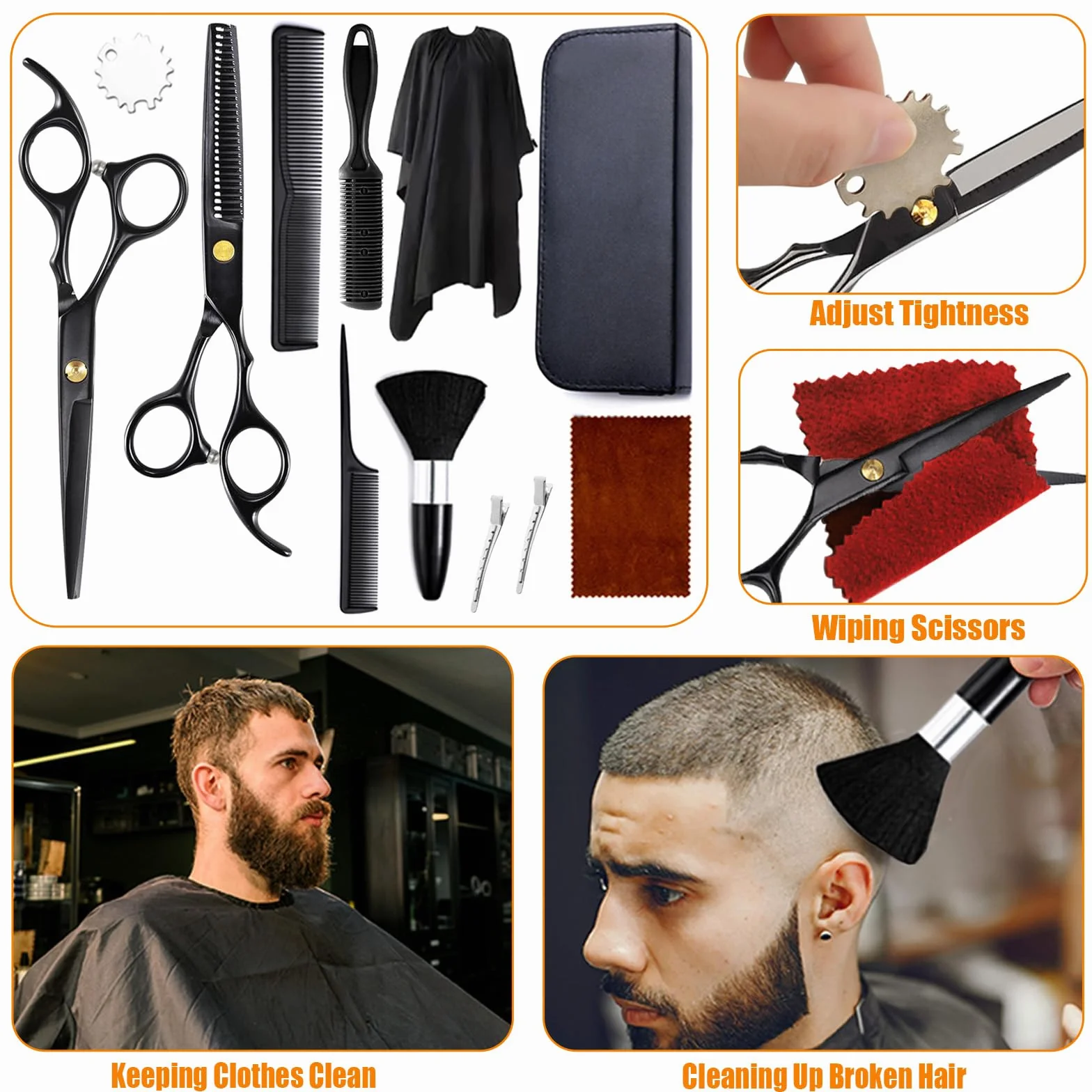 12 Pezzi Set Forbici Parrucchiere con Pettine, Mantello, Clip, Forbici Capelli Salone Professionali, Forbici Sfoltire Capelli Acciaio Inox Domestico, Forbice per Barbiere, Uomini, Donne, Bambini(Nero)