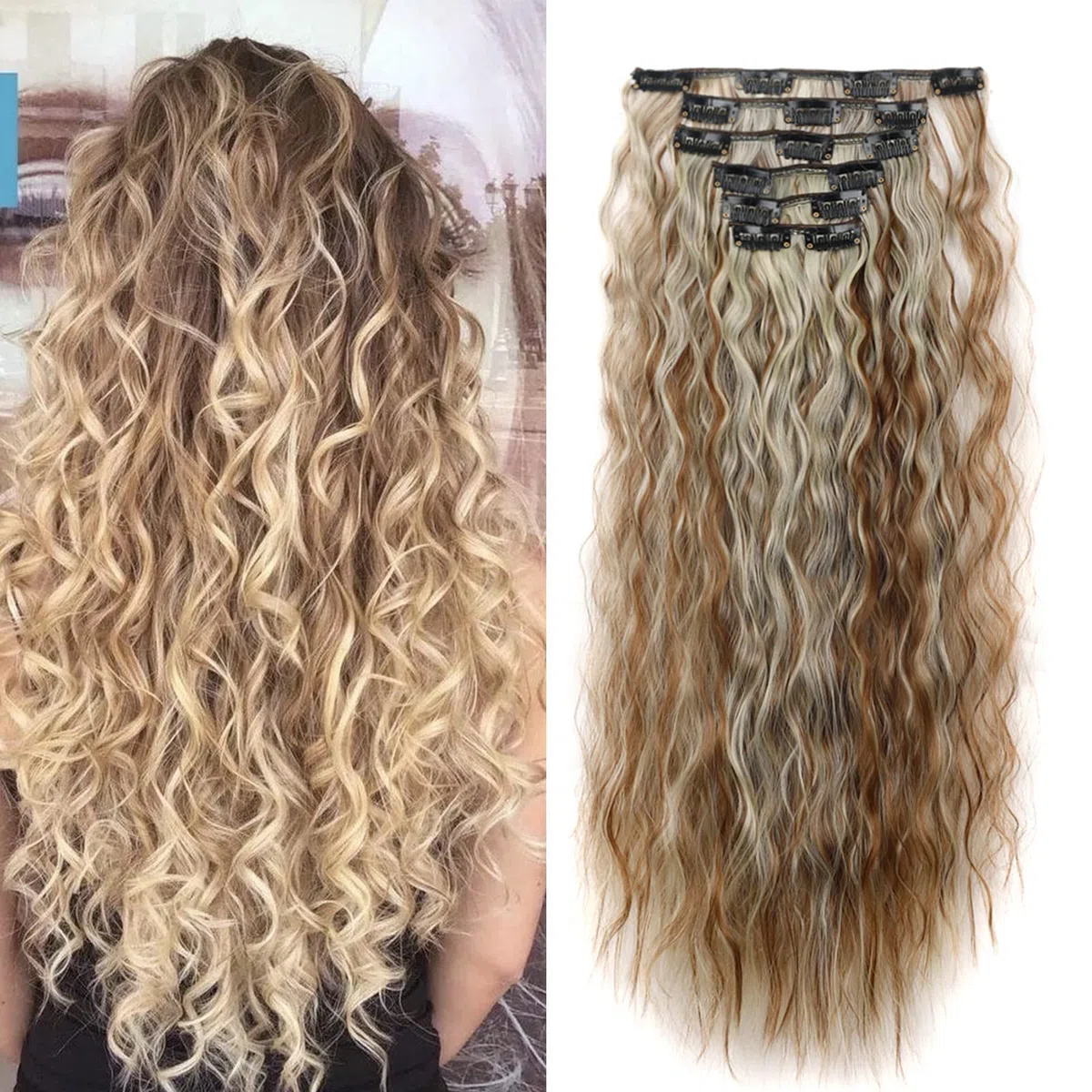 Extension Capelli Clip 6 PCS Set Clip in Hair Extensions Ondulati Posticci per Capelli Finti Extension con Clip Sintetici Lungo Ricci 50cm per Donna, Castano & Biondo