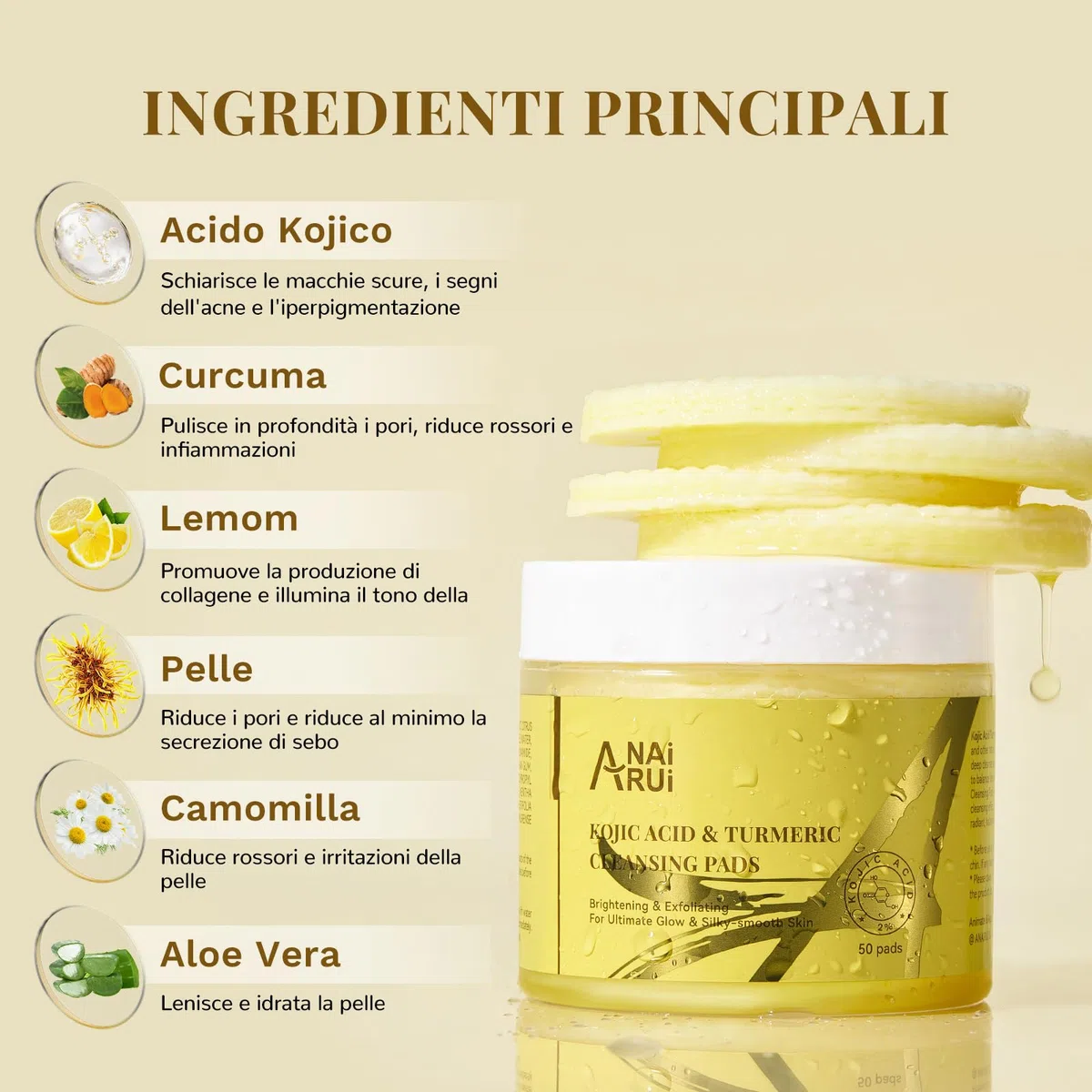 ANAiRUi Pads Detergenti al Curcuma e Acido Kojico per il Viso, Esfolianti al Curcuma con Niacinamide, Salicilato, Cura della Pelle per una Pulizia Profonda, Combatte l'Acne, 50 Pezzi