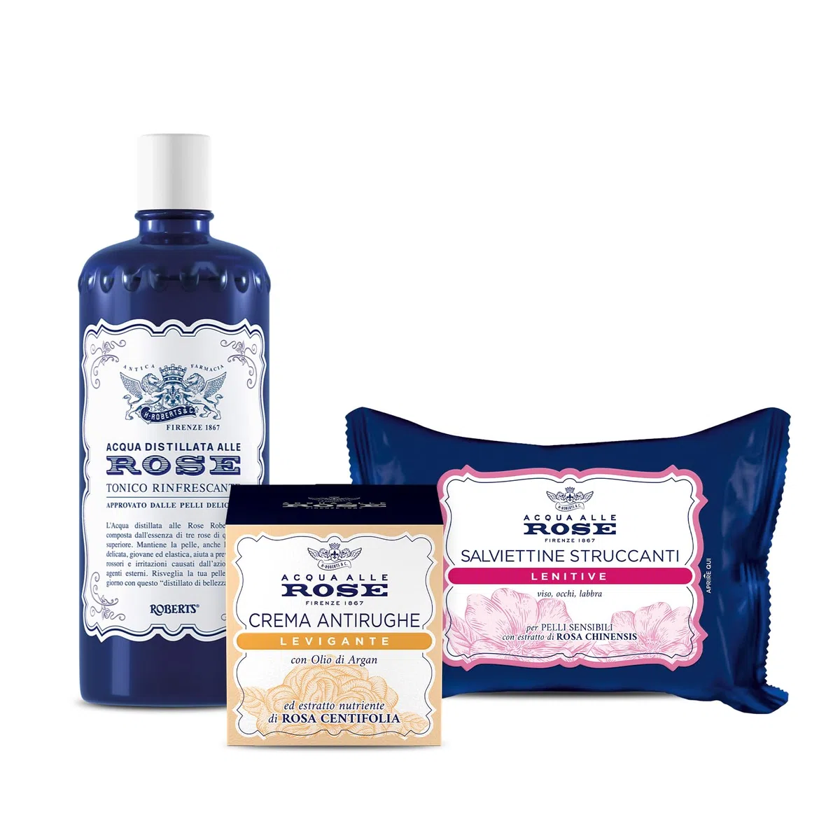 Acqua alle Rose, Kit Routine Viso Levigante, Azione Antirughe per Pelli Normali, contiene Tonico Rinfrescante, Crema Antirughe Levigante e Salviettine Struccanti Lenitive - Esclusiva Amazon