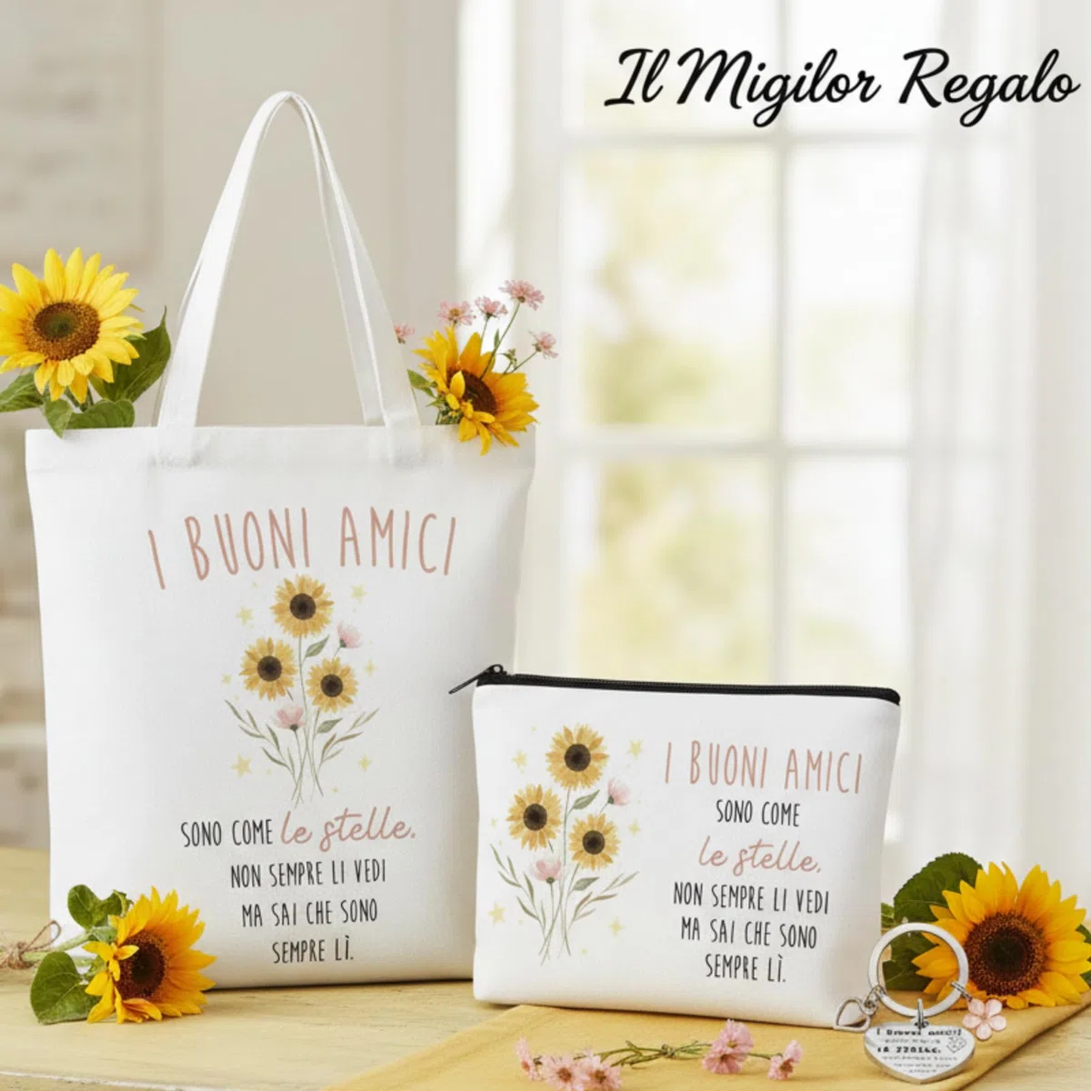 Xuniea 3 Pezzi Set di Regali per Amica Natale 1 Portachiavi di Scritta Buoni Amici 1 Borsa Cosmetica per Amiche 1 Borsa di Tela Tote Bag Pochette Portatrucchi Regalo di Ringraziamento Donna Compleanno
